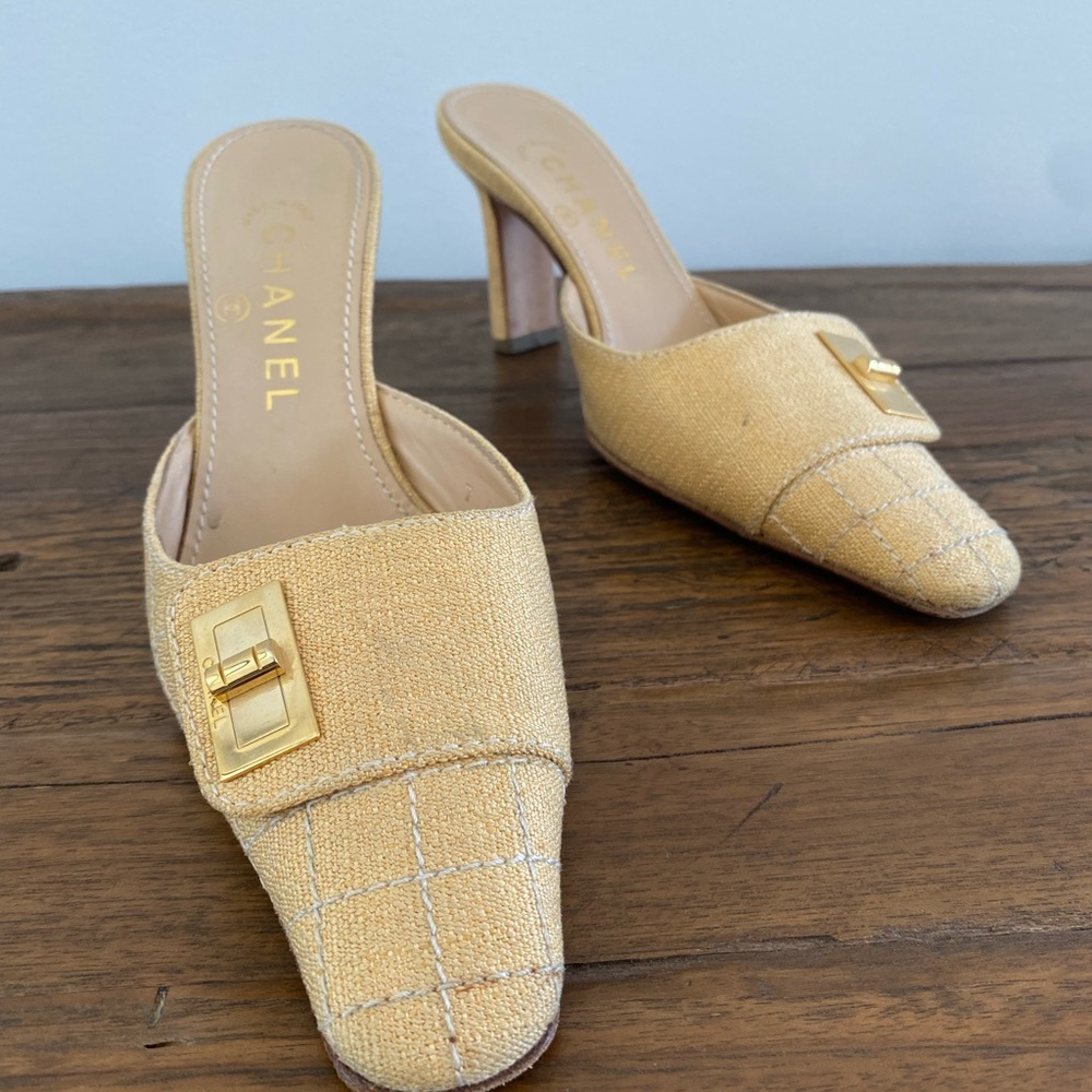 Chanel fabric yellow and gold high heel mules